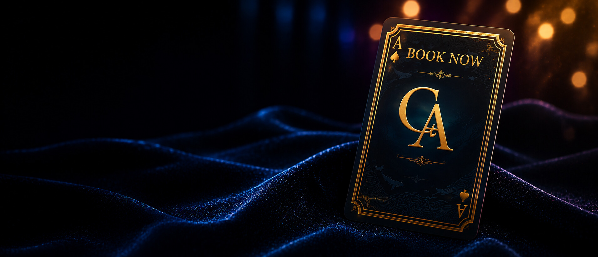 A gold ComedyAuctioneer.com ace playing card reading Book Now, standing on blue velvet under stage light