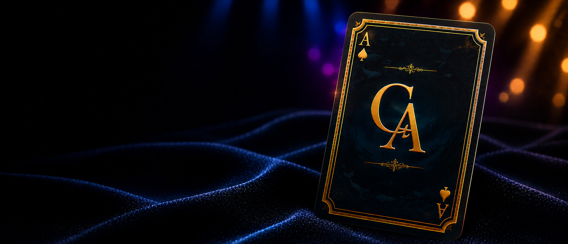 Gold and black ace of spades card with the ComedyAuctioneer.com CA monogram, standing on dark velvet under stage lights
