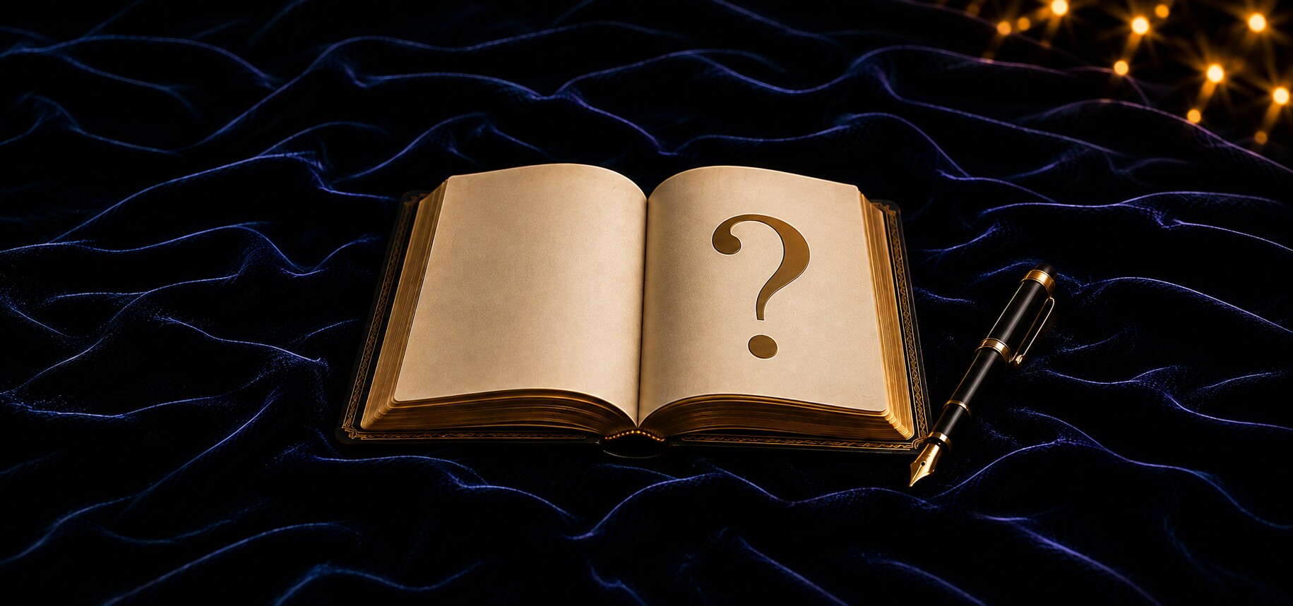 An open book with a gold question mark and fountain pen on deep blue velvet under warm light