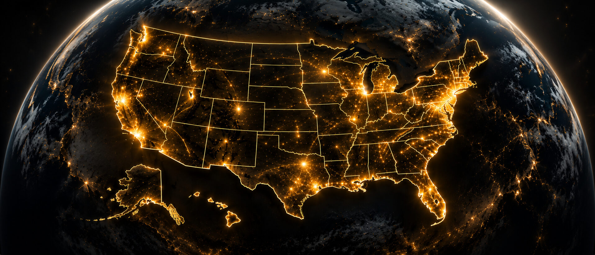 United States at night, city lights marking every market we serve
