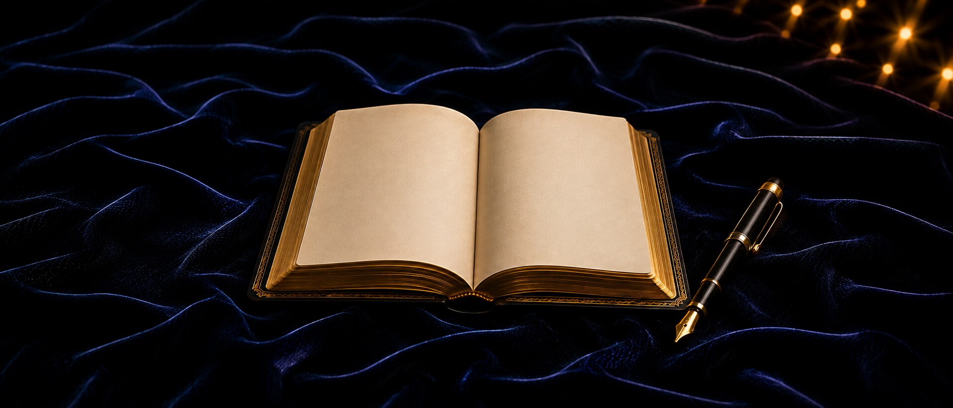 An open notebook and fountain pen on deep blue velvet under warm light