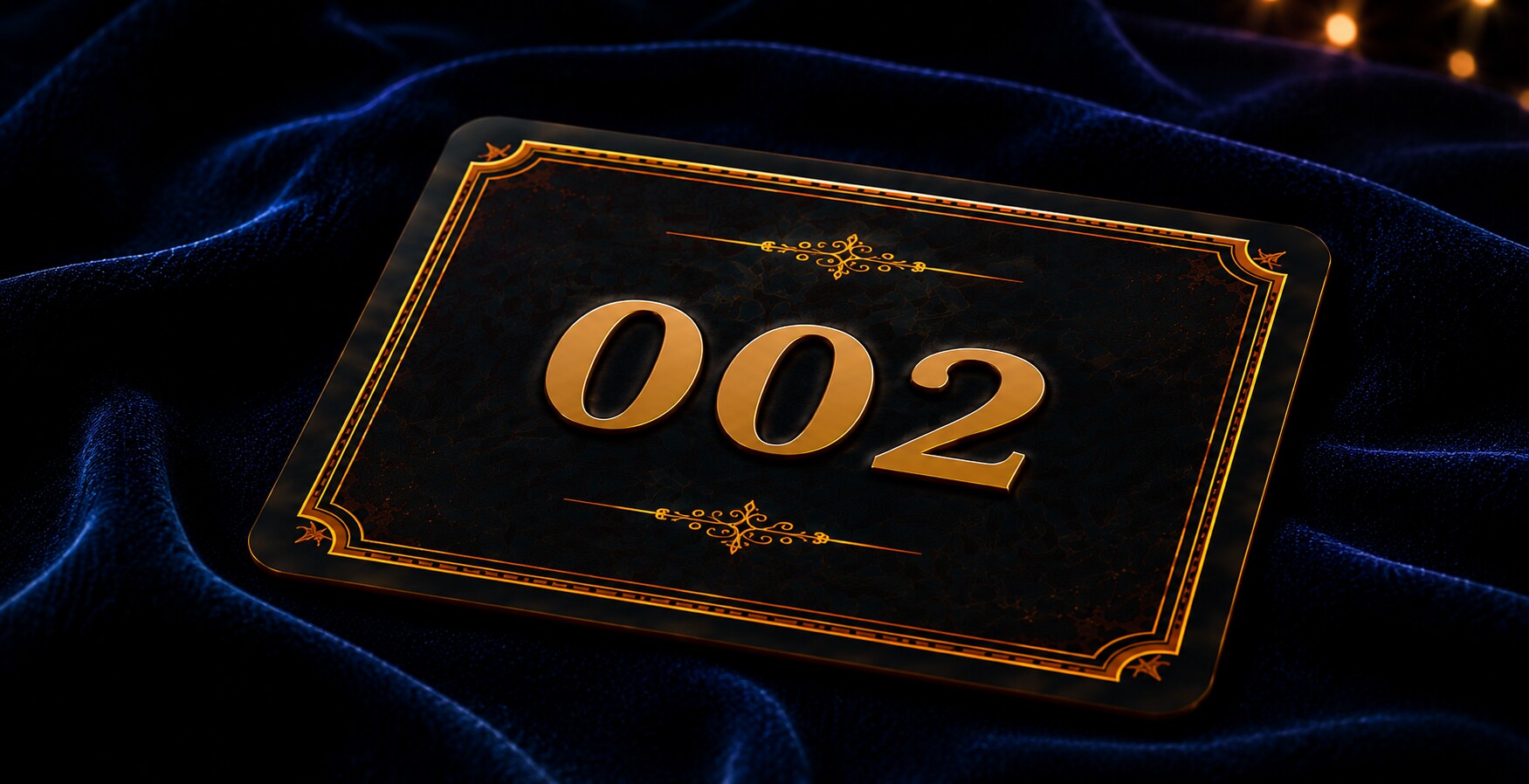 A black and gold bidder paddle numbered 002 resting on deep blue velvet under warm light